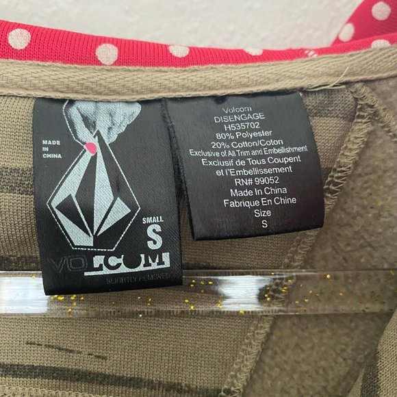 Volcom zip up hoodie zebra stripe camo green w/ white polka-dot red lined hood - Picture 3 of 8